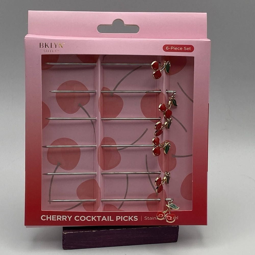 BKLYN Steel Co Cherry Cocktail Picks Set of 6 Stainless Steel Martini Appetizers